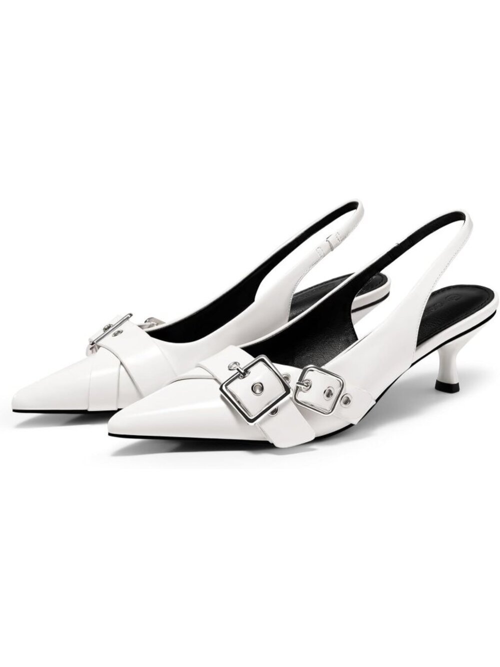 Women's Slingback Kitten Heels Closed Pointed Toe White Studded Buckle Shoes